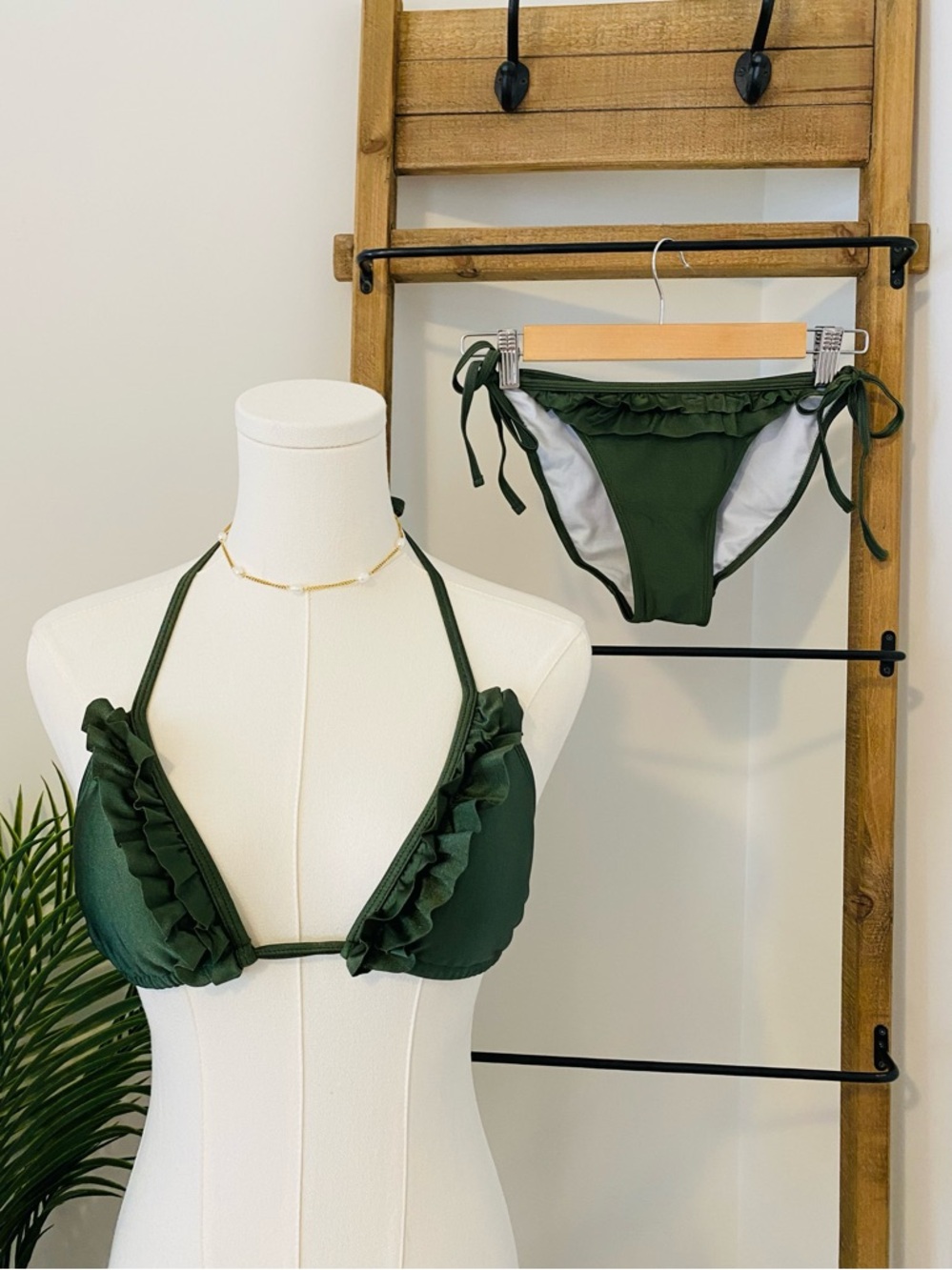 Forest Green Ruffled Triangle Bikini Set, Small to Medium